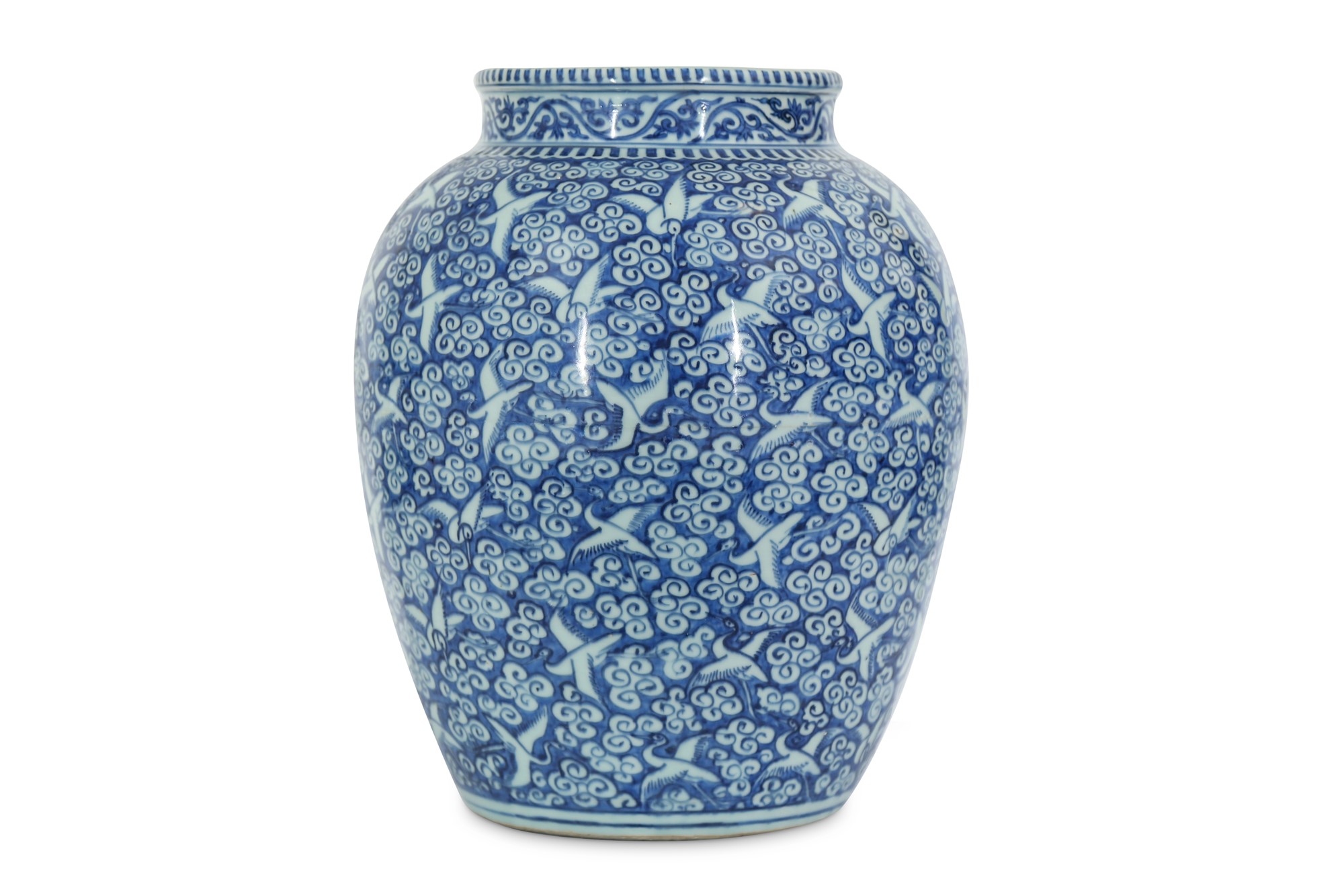 A Chinese blue and white reverse-decorated 'hundred crane' jar. Ming Dynasty